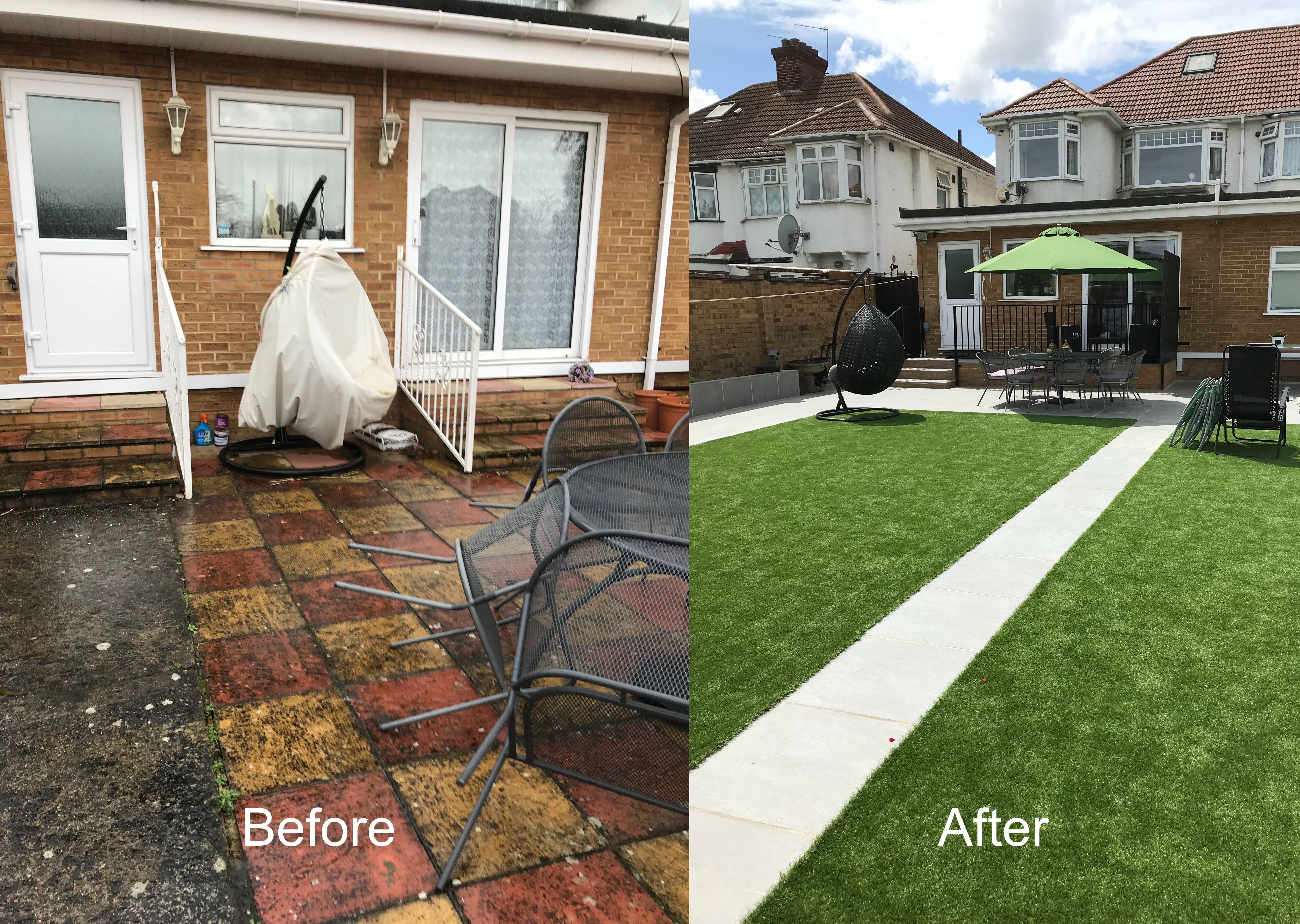 Before and after a rear garden renovation with a new patio and lawn